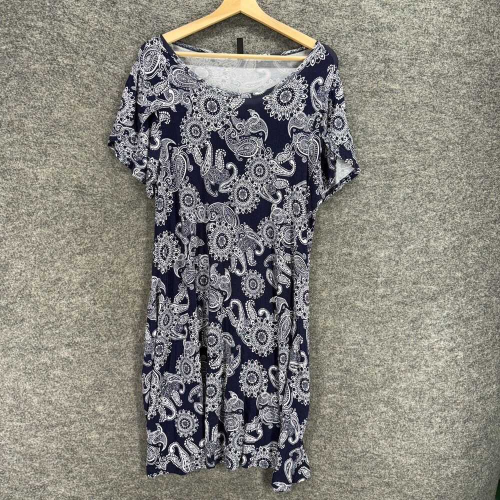 Hotgift Dress Women XL Black Geometric Shift Midi Round Neck Short Sleeve Rayon